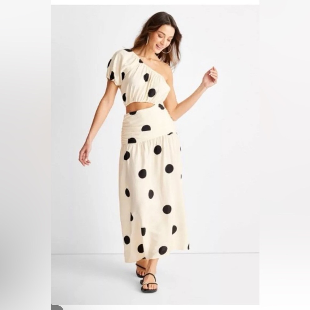 One-Shoulder Cream Polka Dot Maxi Dress with Cutout